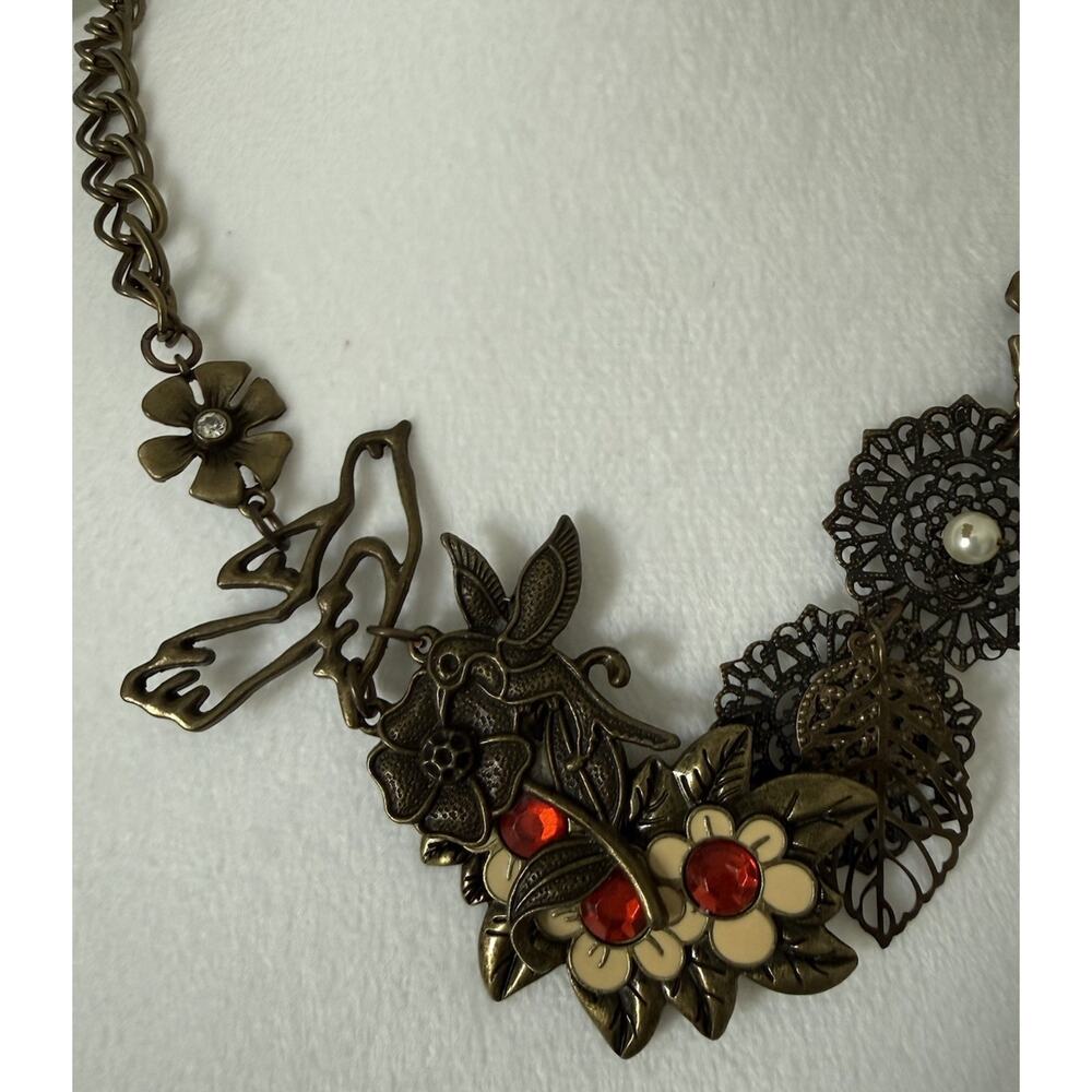 Vintage Statement Necklace Brass Tone Floral Bird Rhinestone Boho Bib Collage - Picture 4 of 10